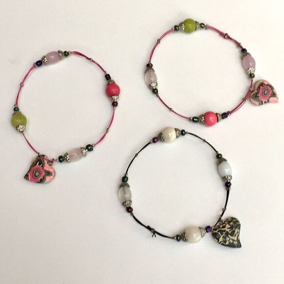 Polymer Heart Charm & Bead Wire Bracelet Set of 3 - Picture 1 of 8